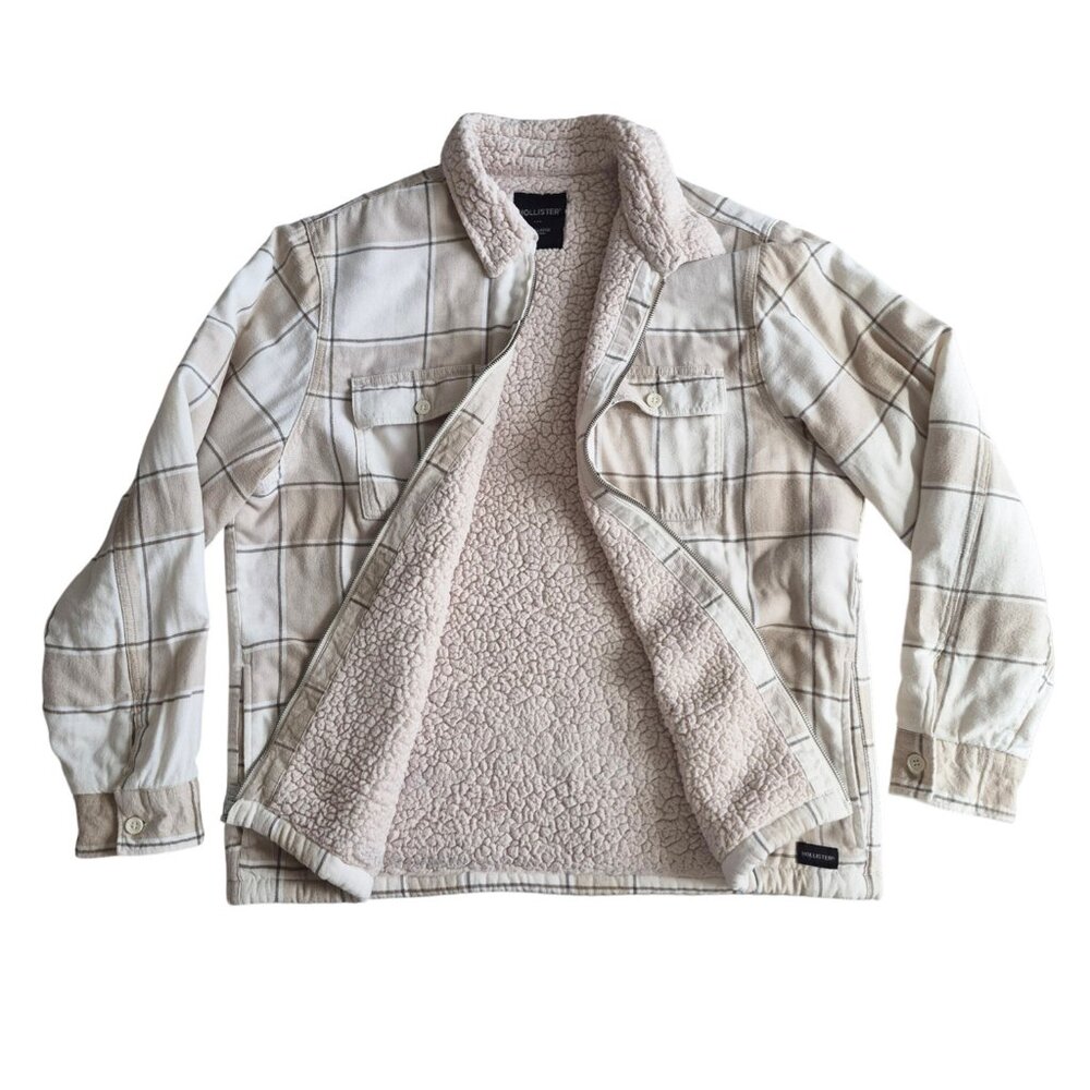Hollister Sherpa-Lined Flannel Neutral Tan White Color Full Zip Shirt Jacket XL - Picture 7 of 16